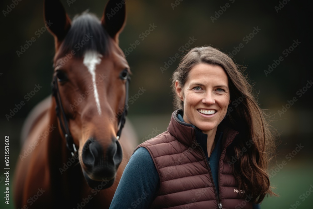 Portrait of a smiling young woman with a horse in the park