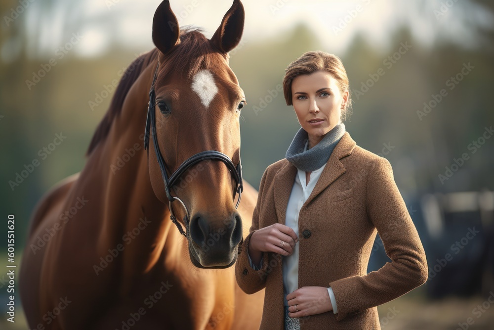 Obraz premium Portrait of a beautiful young woman with a horse in the field