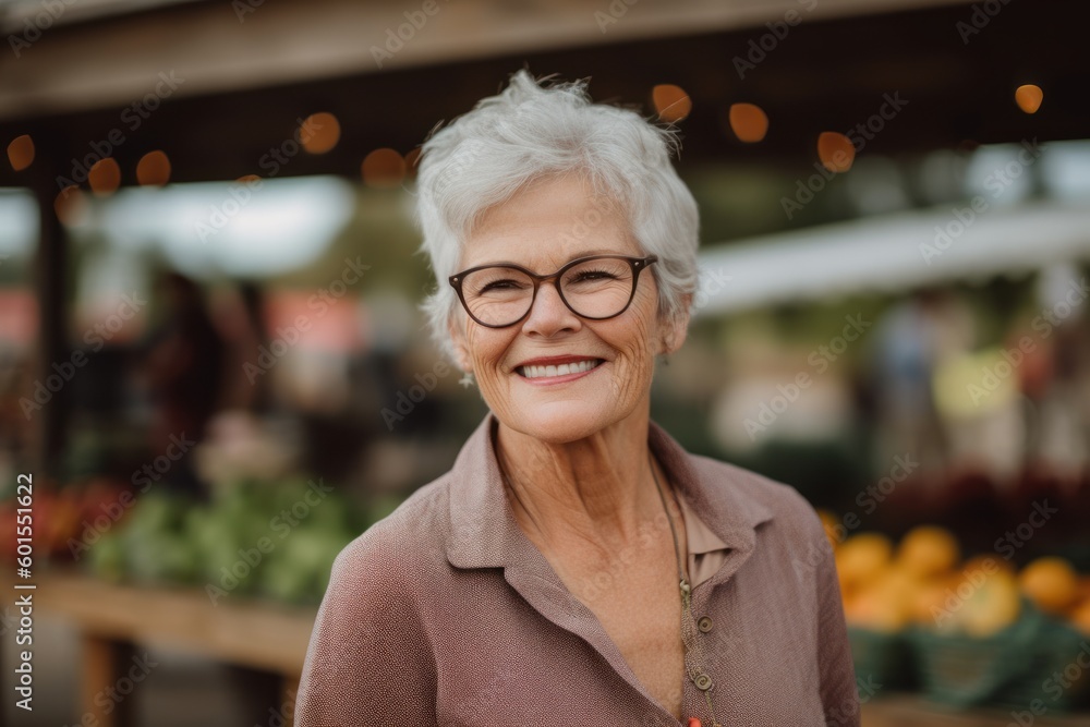 Pet portrait photography of a grinning woman in her 60s wearing a chic cardigan against a farm market or harvest background. Generative AI - obrazy, fototapety, plakaty 