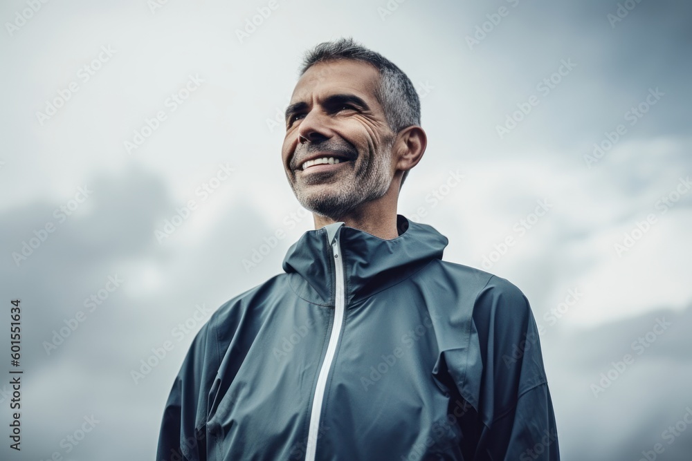 Portrait of smiling senior man in raincoat against cloudy sky. Portrait of smiling senior man in raincoat against cloudy sky.