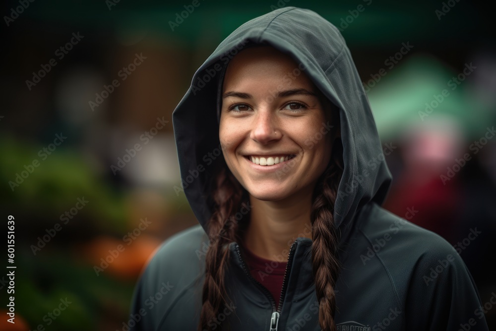 Portrait of a smiling young woman wearing hoodie at the market Portrait of a smiling young woman wearing hoodie at the market