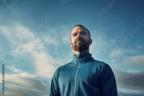 Environmental portrait photography of a pleased man in his 30s wearing a comfortable tracksuit against a sky and clouds background. Generative AI