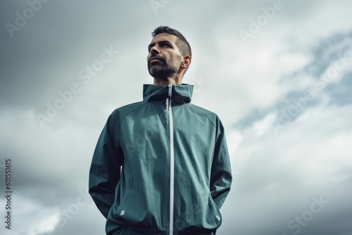 Young man in sportswear looking away while standing against cloudy sky © Anne-Marie Albrecht