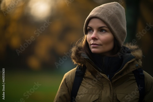 Beautiful young woman walking in the park on a cold autumn day