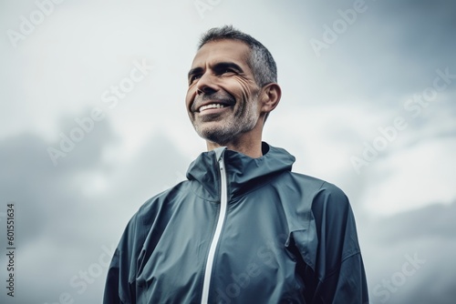 Portrait of smiling senior man in raincoat against cloudy sky.