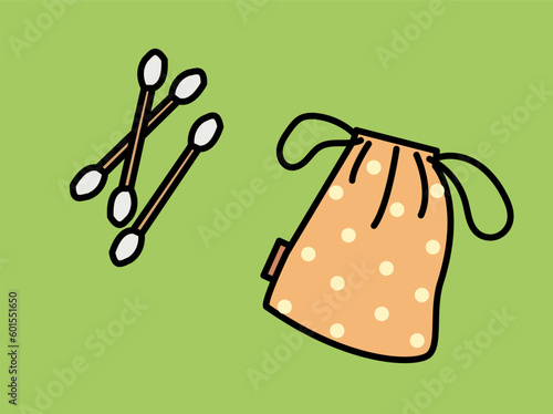 Eco friendly ear sticks. Bag and sticks with cotton wool made from environmentally friendly materials. Caring for nature and environment. Reuse and recycling. Cartoon flat vector illustration