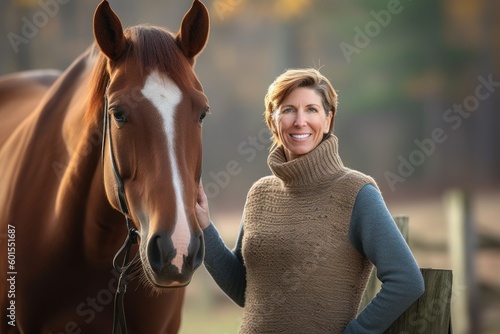 Portrait of a smiling middle-aged woman with a horse. © Eber Braun