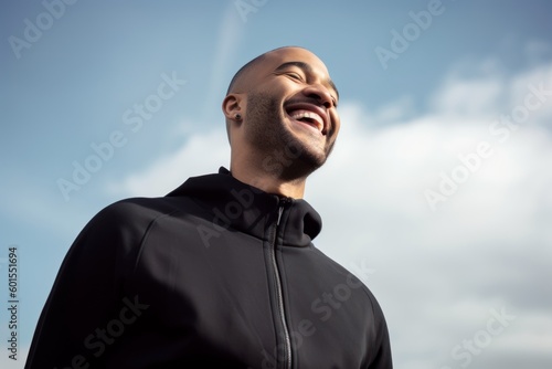 Portrait of happy african american man in sportswear against cloudy sky