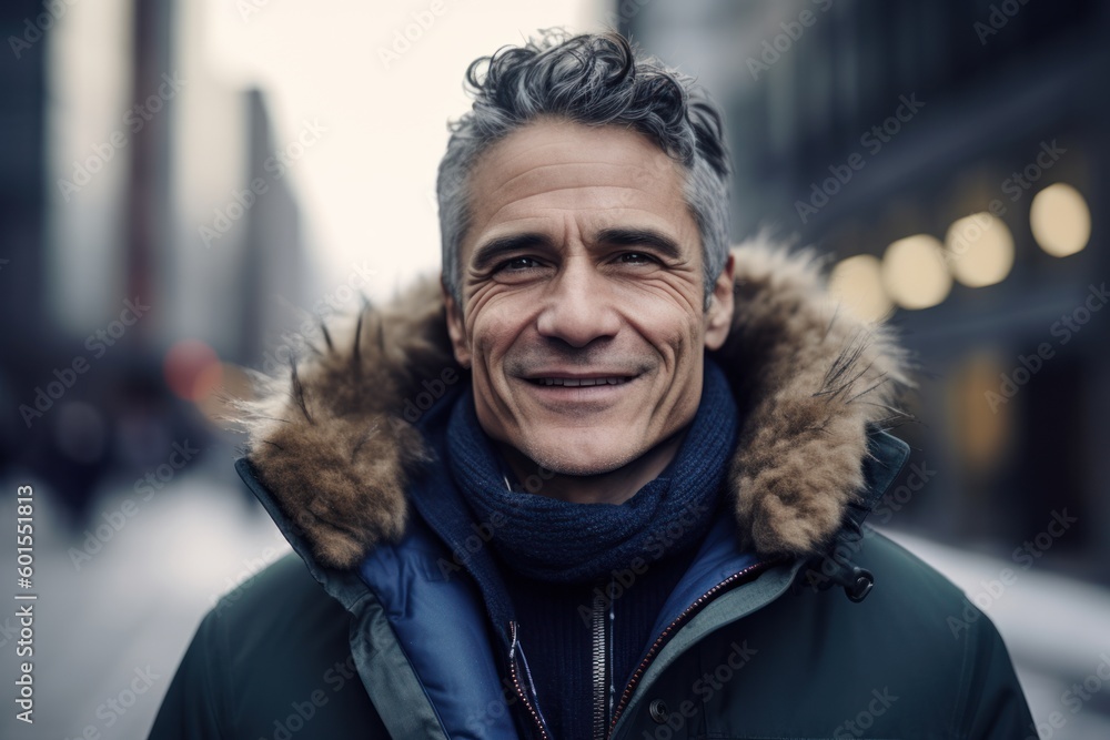 Portrait of a handsome middle aged man in the city in winter Portrait of a handsome middle aged man in the city in winter