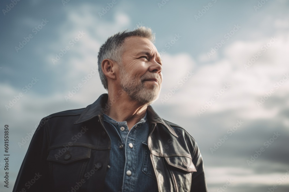 Portrait of a handsome middle-aged man with gray hair and beard in a black leather jacket against the sky Portrait of a handsome middle-aged man with gray hair and beard in a black leather jacket against the sky