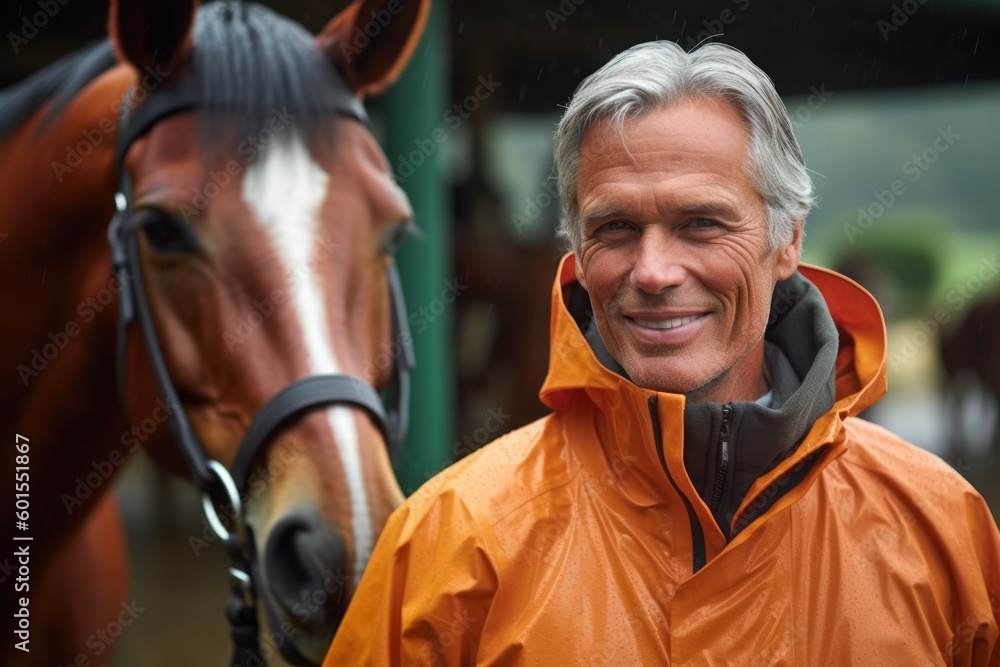 Portrait of a smiling man in a raincoat with a horse