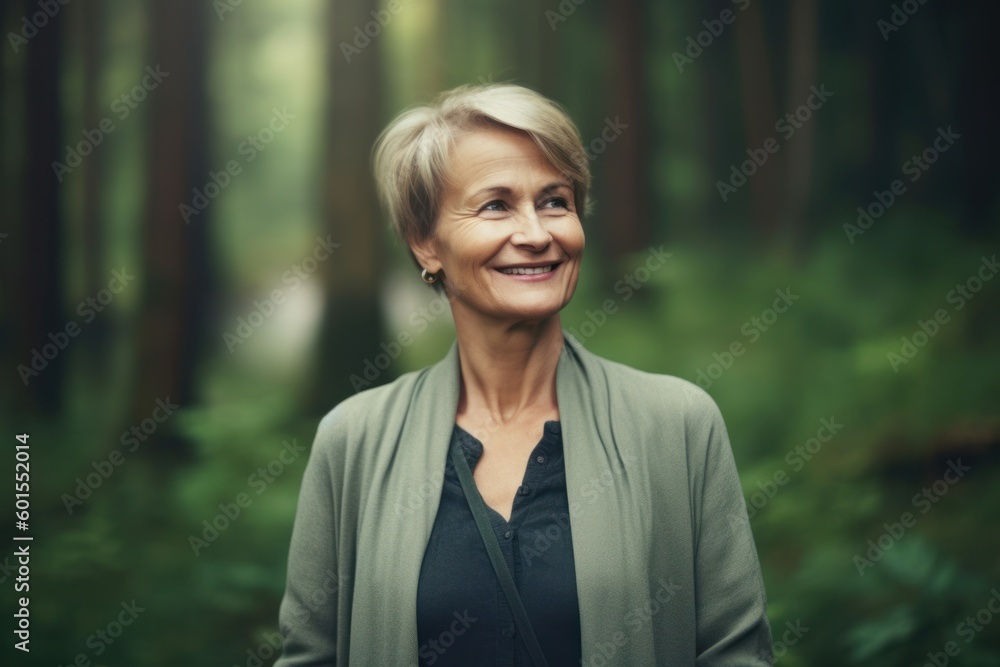 Portrait of a smiling senior woman standing in the middle of a forest Portrait of a smiling senior woman standing in the middle of a forest