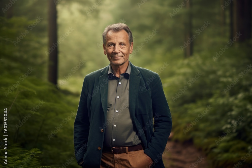 Portrait of a handsome senior man in a green forest, looking at camera. Portrait of a handsome senior man in a green forest, looking at camera.
