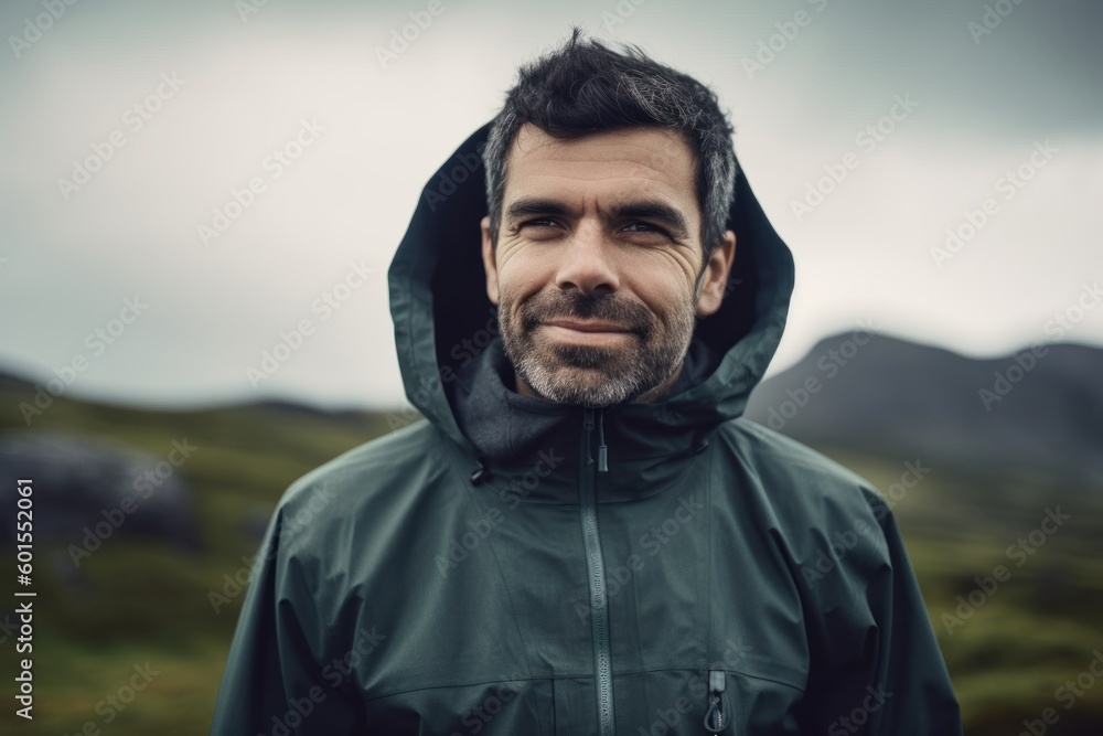 Portrait of a handsome bearded man in a dark raincoat standing in the mountains. Portrait of a handsome bearded man in a dark raincoat standing in the mountains.