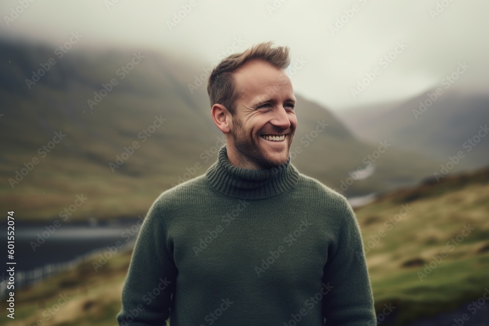 Portrait of a smiling man standing in the countryside on a foggy day Portrait of a smiling man standing in the countryside on a foggy day