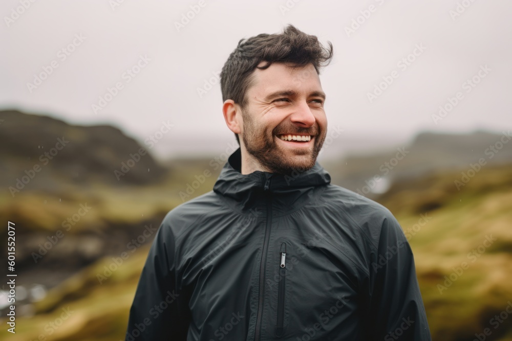 Portrait of a smiling man in a raincoat on the beach Portrait of a smiling man in a raincoat on the beach