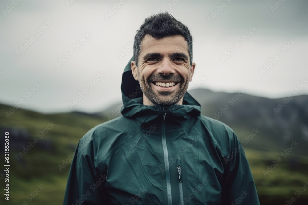 Portrait of a smiling man with a beard in a green jacket in the mountains Portrait of a smiling man with a beard in a green jacket in the mountains