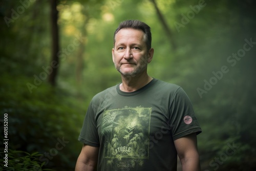 Portrait of a middle-aged man in a green T-shirt standing in the forest