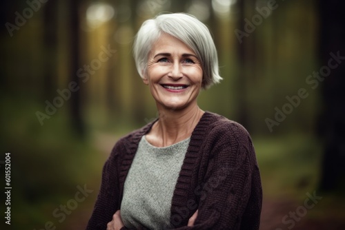 Portrait of a smiling senior woman standing in the autumn forest.