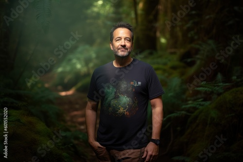 Handsome man standing in the rainforest, looking at camera