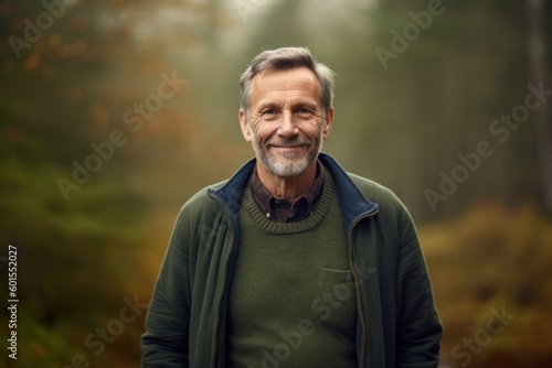 Portrait of smiling senior man standing in autumn forest and looking at camera
