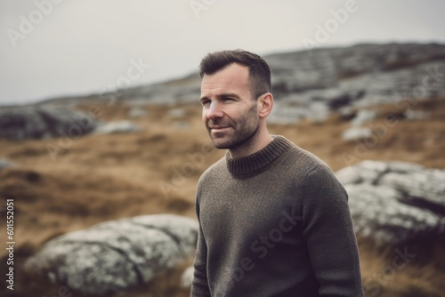 Portrait of a handsome young man in a sweater on the top of a mountain
