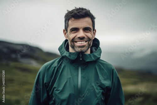 Handsome young man in a green jacket smiling at the camera while standing in a mountain valley. © Anne-Marie Albrecht