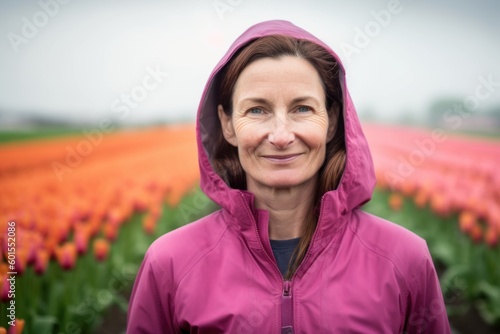 Medium shot portrait photography of a grinning woman in her 40s wearing a stylish hoodie against a flower field or tulip field background. Generative AI