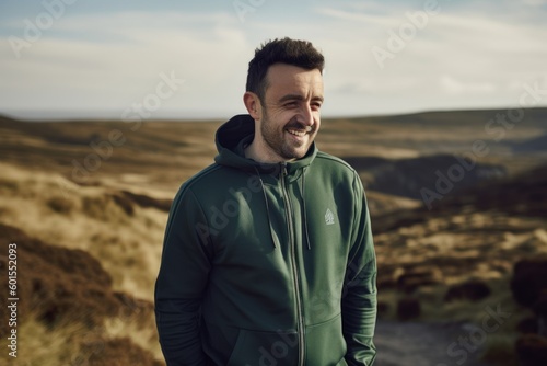 Handsome bearded man in green jacket and hood standing on top of a mountain and smiling
