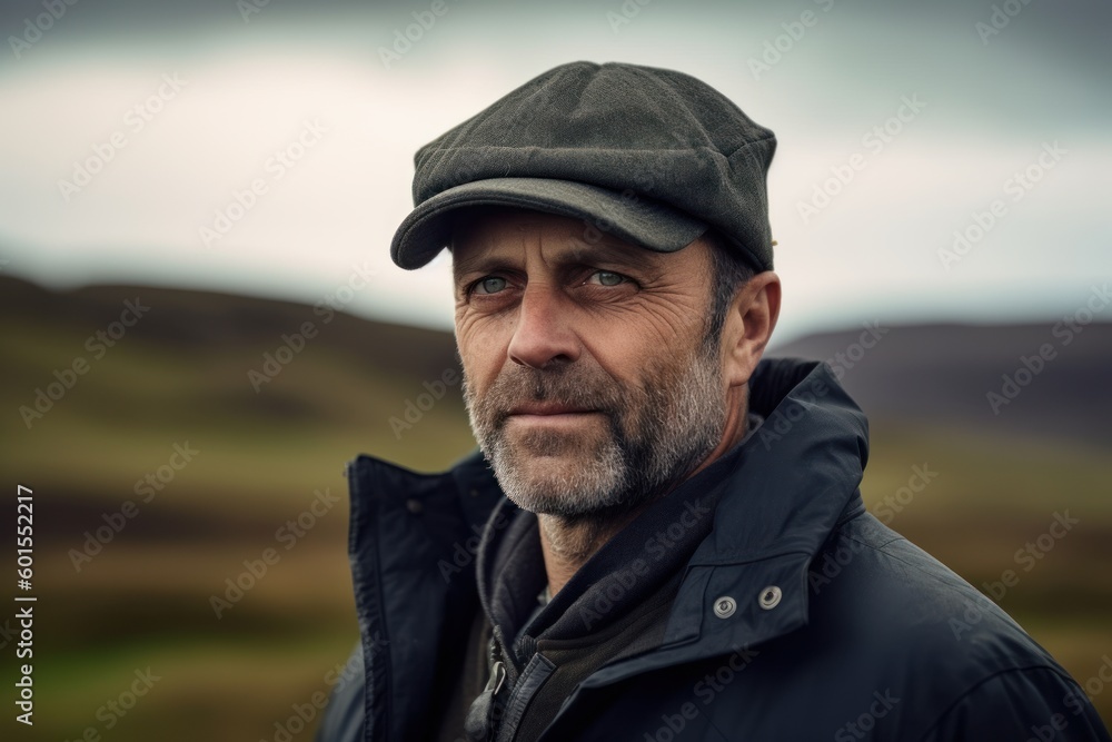 Portrait of a senior man with grey beard and cap in the Scottish Highlands
