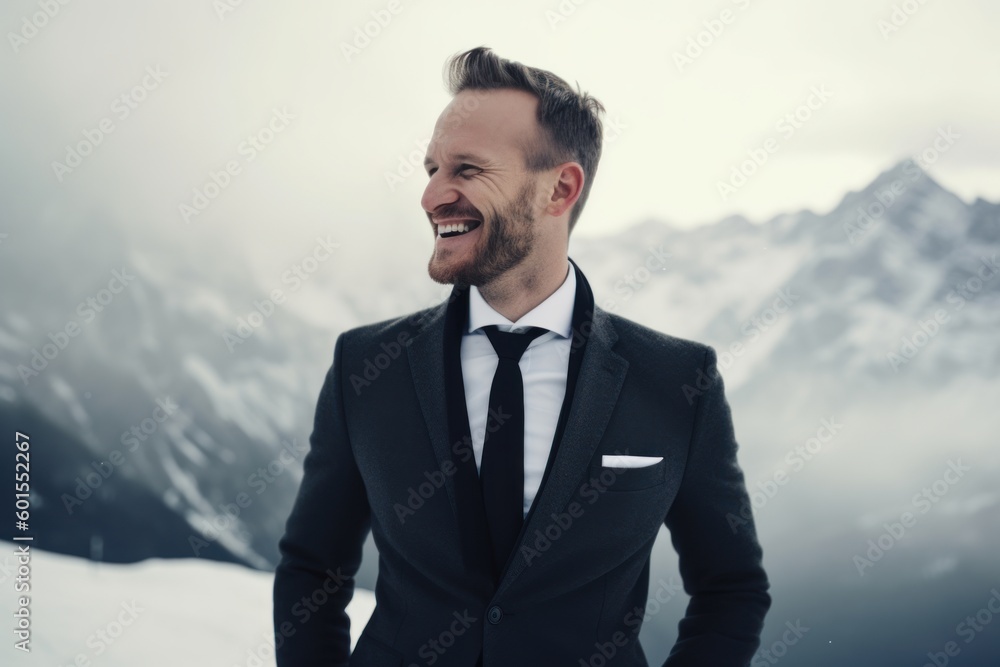 Handsome young man in formalwear smiling while standing against snowy mountains