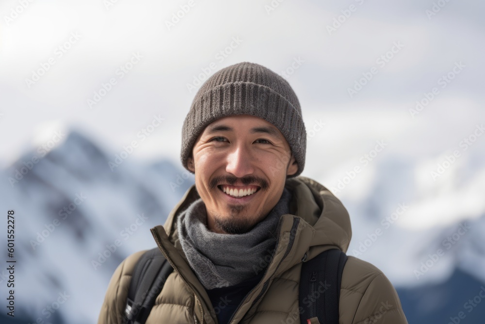 Portrait of a smiling young man in winter clothes against snowy mountains