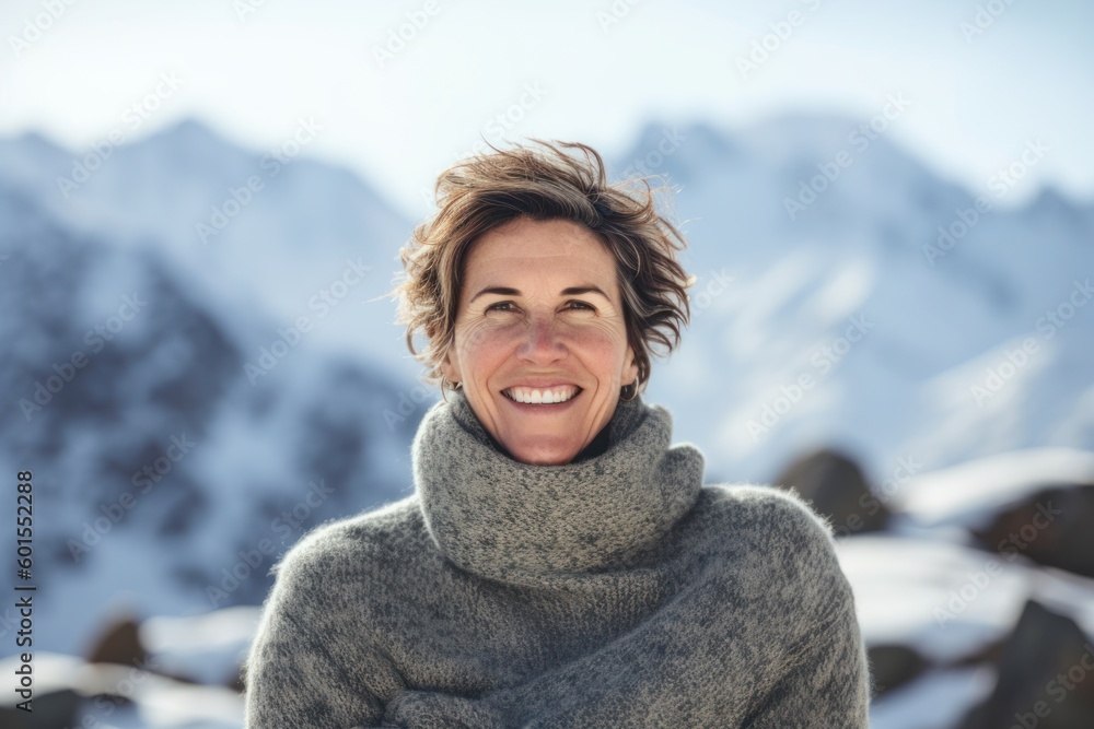 Portrait of smiling middle-aged woman in winter clothing against snowy mountains Portrait of smiling middle-aged woman in winter clothing against snowy mountains
