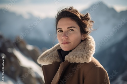 Portrait of a beautiful girl in a coat on the background of mountains