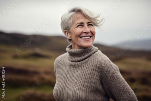 Portrait of a smiling senior woman standing in the countryside on a cloudy day