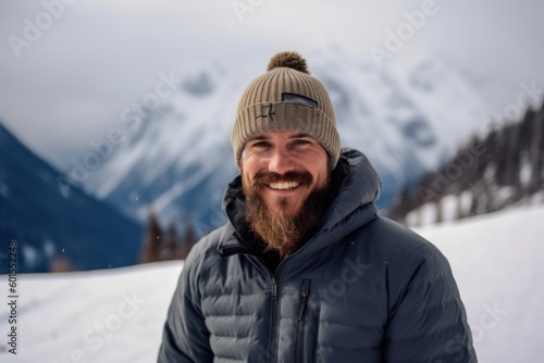 Medium shot portrait photography of a pleased man in his 30s wearing a warm beanie or knit hat against a snowy mountain peak or summit background. Generative AI