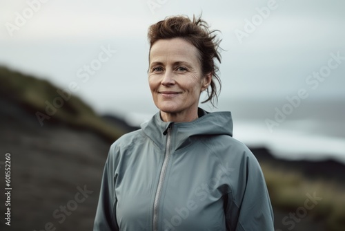 Portrait of smiling senior woman standing in front of the ocean on a cloudy day