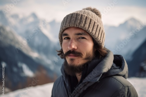 Handsome young man with beard and moustache in winter mountains