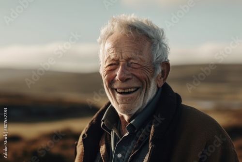 Portrait of happy senior man smiling outdoors. Senior man with grey hair wearing coat.