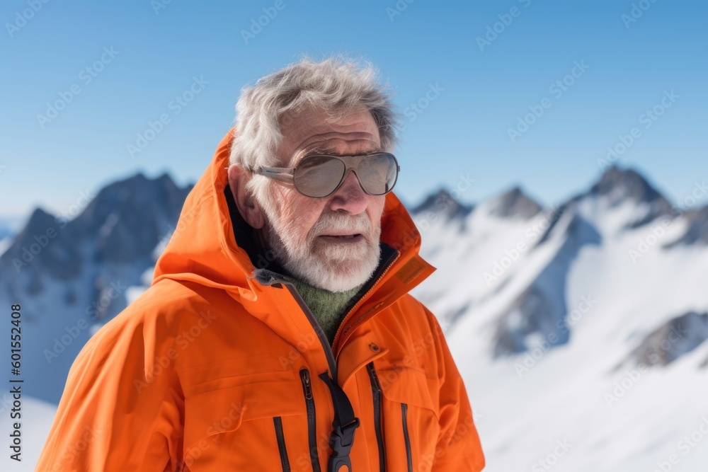 Senior man in orange jacket and sunglasses on the background of snowy mountains Senior man in orange jacket and sunglasses on the background of snowy mountains