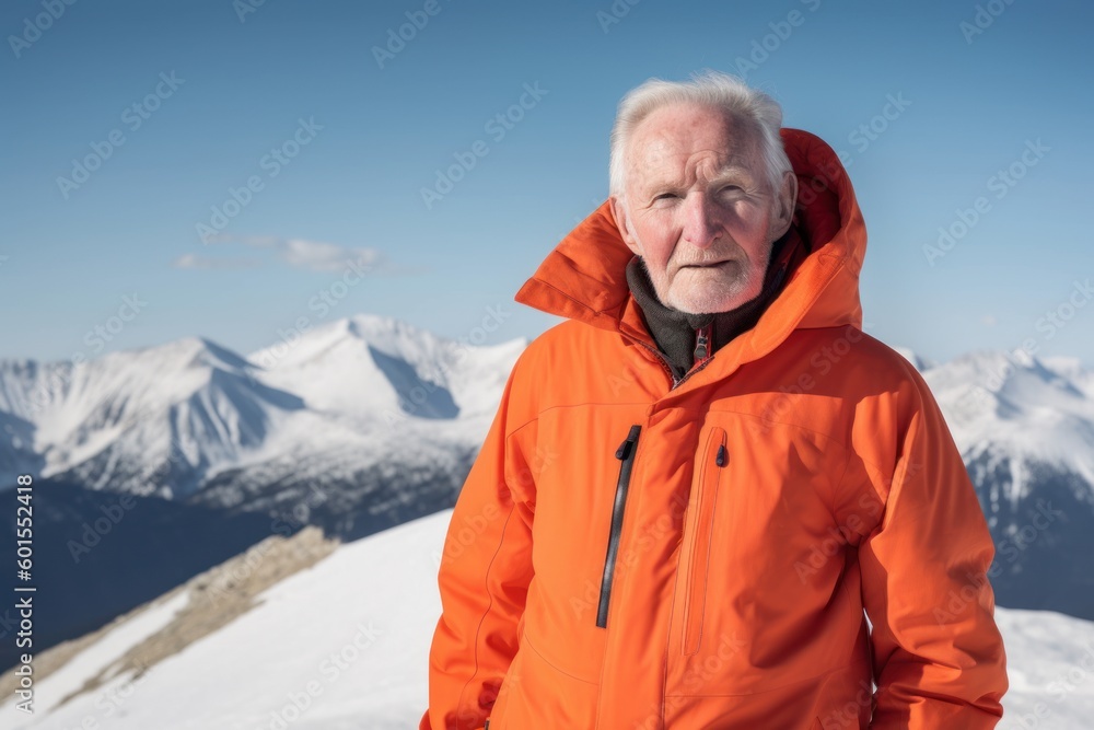 Senior man in orange jacket standing against snowy mountains on sunny winter day Senior man in orange jacket standing against snowy mountains on sunny winter day