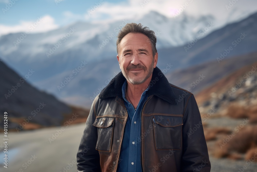 Handsome middle-aged man in a leather jacket on a mountain road Handsome middle-aged man in a leather jacket on a mountain road
