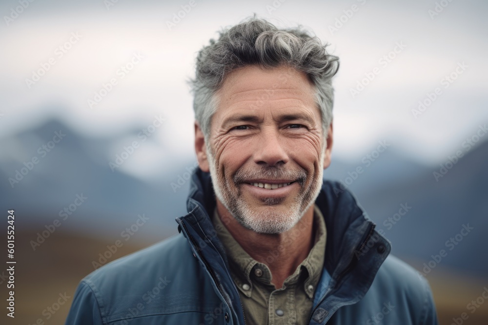 Portrait of smiling senior man standing in front of mountain range. Portrait of smiling senior man standing in front of mountain range.