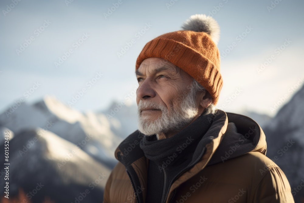 Senior man with hat and jacket looking away while standing against snowy mountains Senior man with hat and jacket looking away while standing against snowy mountains
