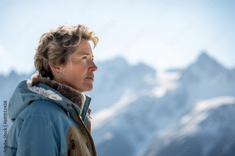 Portrait of a senior woman standing on top of a mountain in winter