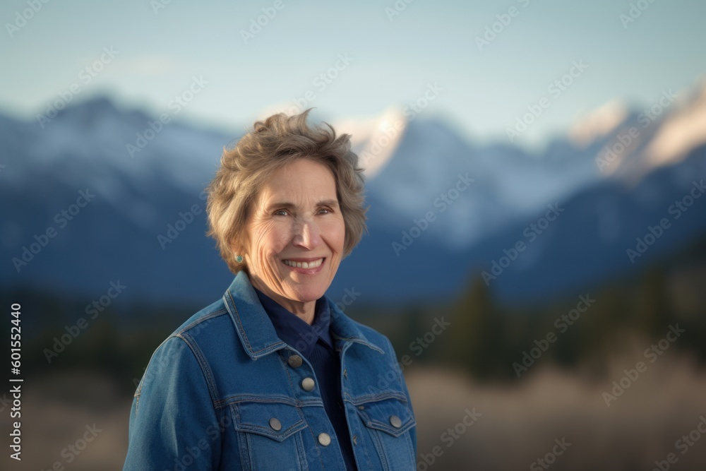 Portrait of a beautiful senior woman smiling at the camera with mountains in the background