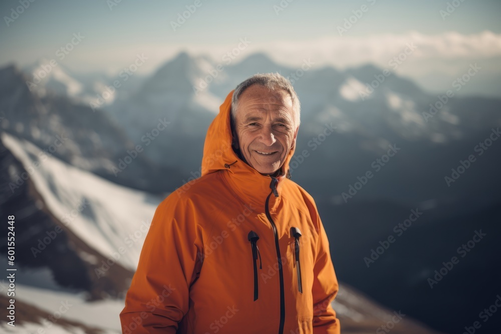 Senior man in orange jacket standing on top of the mountain and looking at camera. Senior man in orange jacket standing on top of the mountain and looking at camera.