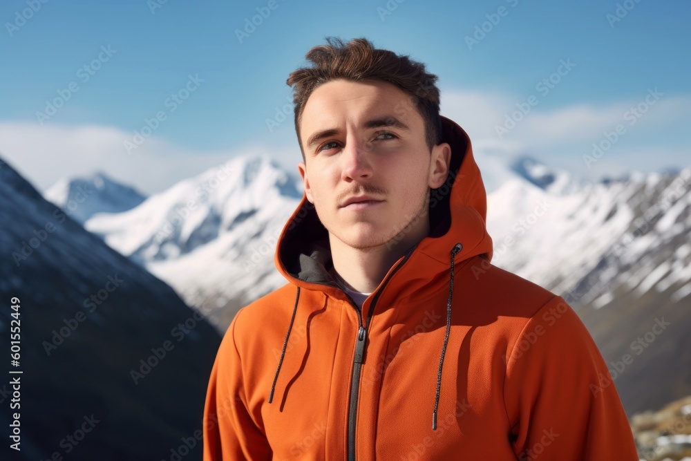 Portrait of a young man in an orange jacket against the background of the mountains