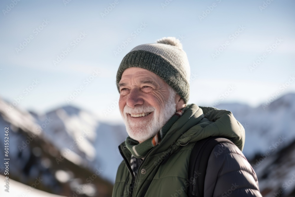 Portrait of happy senior man standing in snow covered mountains on a sunny day