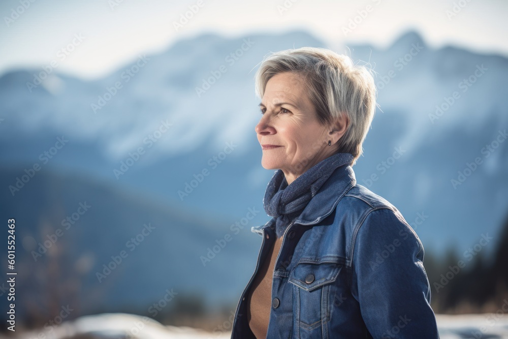 Portrait of a beautiful senior woman on a background of snowy mountains